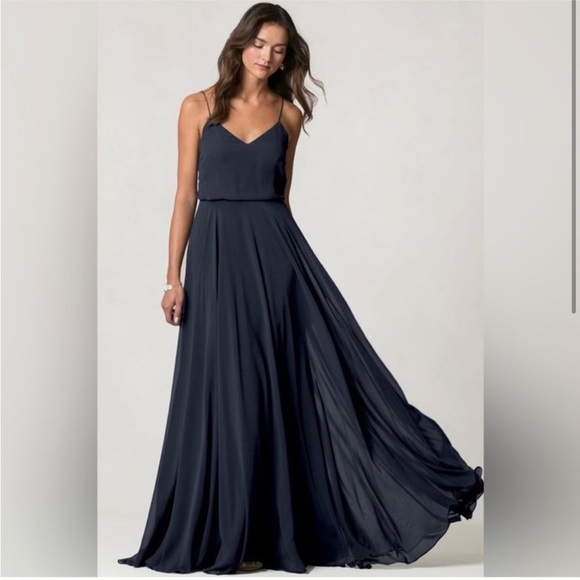 NWT Jenny Yoo Inesse Chiffon V Neck Maxi Dress in Navy Blue Size 2 - Picture 12 of 12